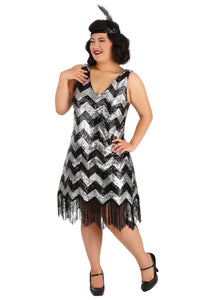 Plus Size Fringe Silver and Black Flapper Dress for Women