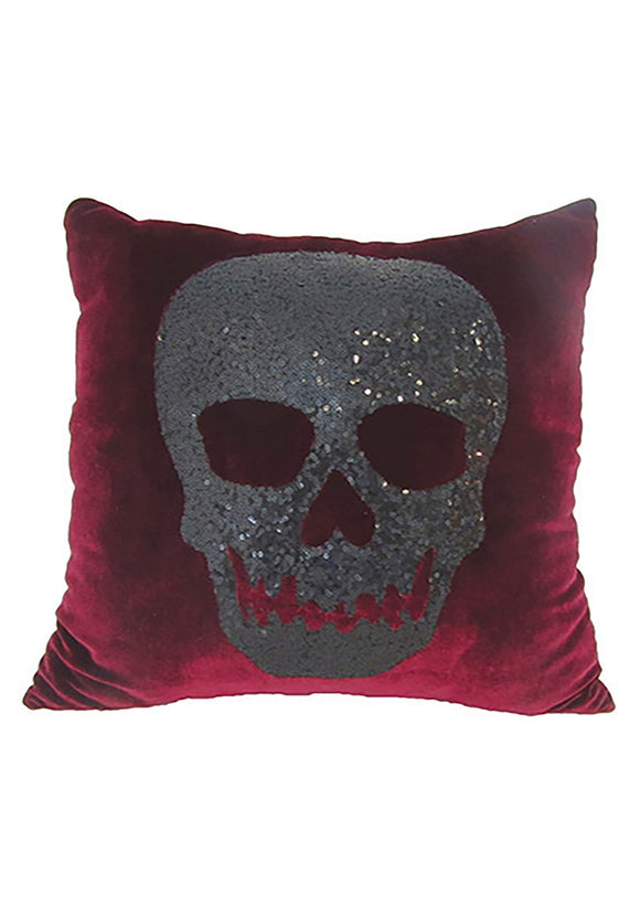 Sequin Red Velvet Skull Pillow | Gothic Halloween Decor