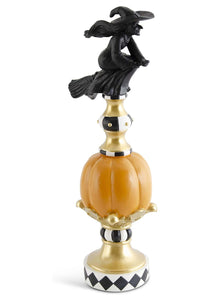 17" Resin Black White Orange and Gold Finial with Flying Witch