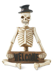 17" Resin Skeleton Man Shelf Sitter w/ Welcome Sign