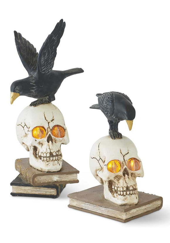 Set of 2 Resin LED Skull on Books with Crow Figurines