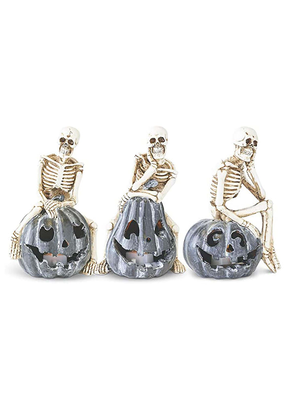 Set of 3 Skeletons Sitting on LED Jack O Lanterns