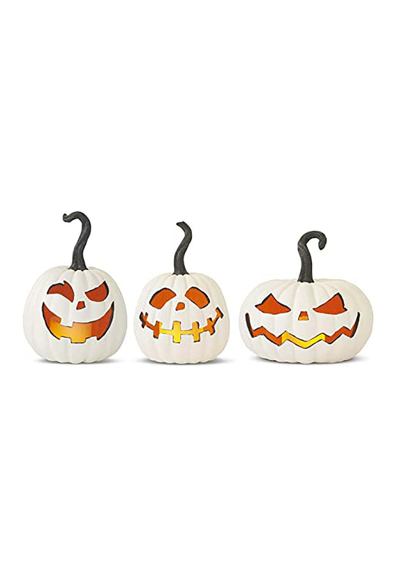 Set of Three White Resin LED Flicker Flame Jack O Lanterns