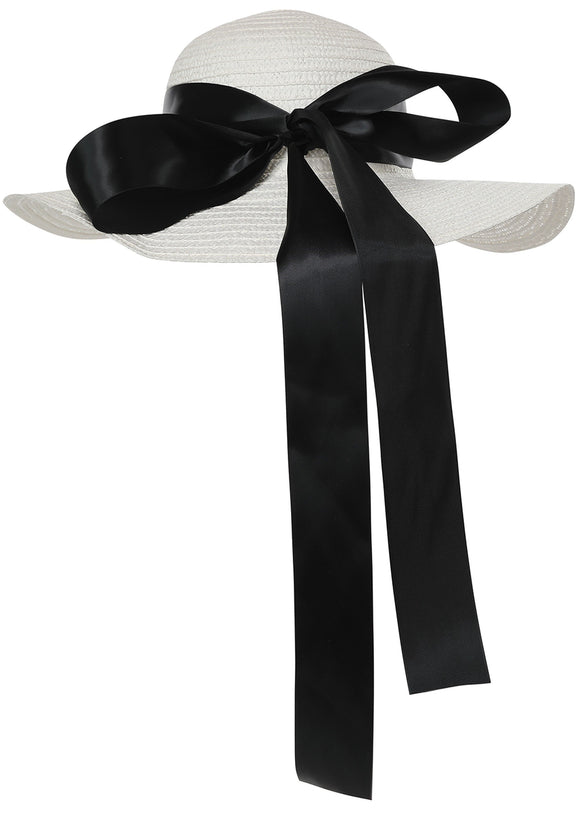 White Straw Hat with Ribbon