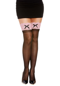 Anti-Slip Black with Pink Top and Bow Thigh High Stockings for Adults