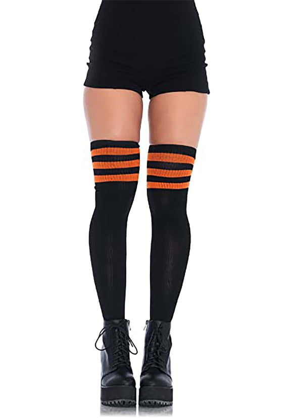 Women's Thigh High Athletic Black Socks with Orange Stripes