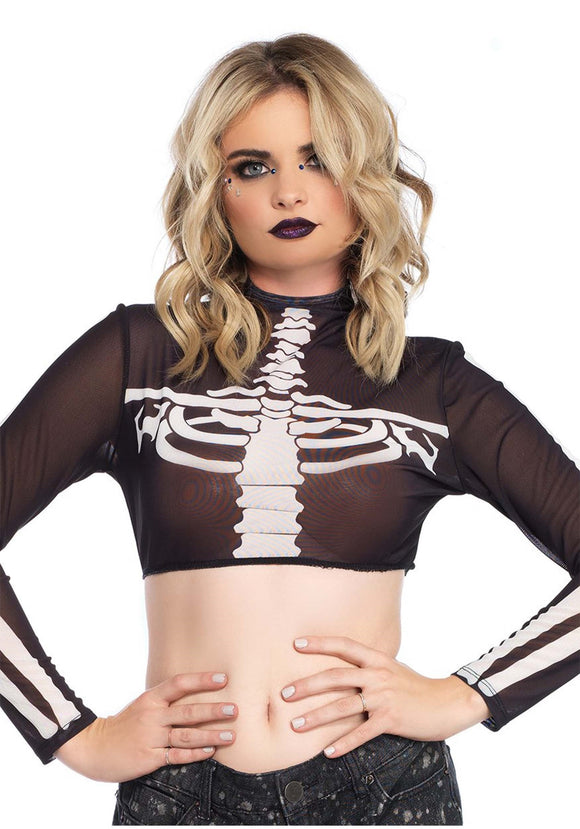 Black Skeleton High Neck Crop Top Costume for Women