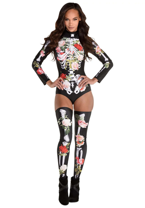 Women's Floral Bodysuit Skeleton Costume