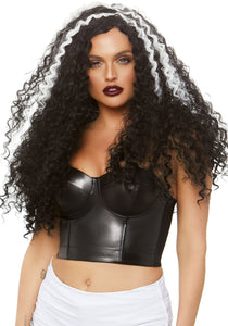 Long Women's Curly Black and White Wig