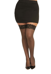 Plus Size Black Fishnet Women's Thigh High Stockings with Lace Top