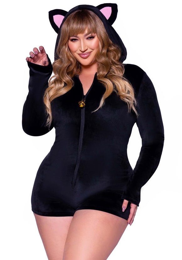Women's Plus Size Plush Black Cat Romper Costume