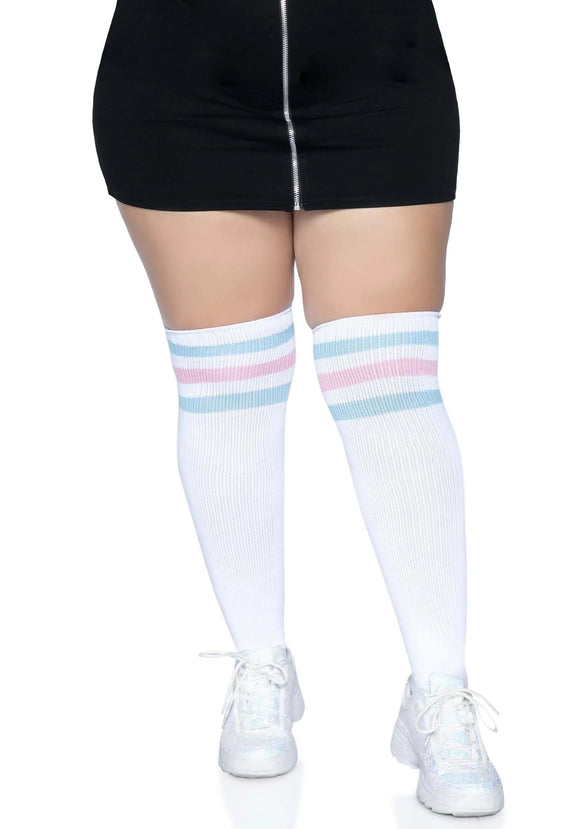 Women's Plus White Athletic Socks with Pink and Blue Knee High Stripe Socks