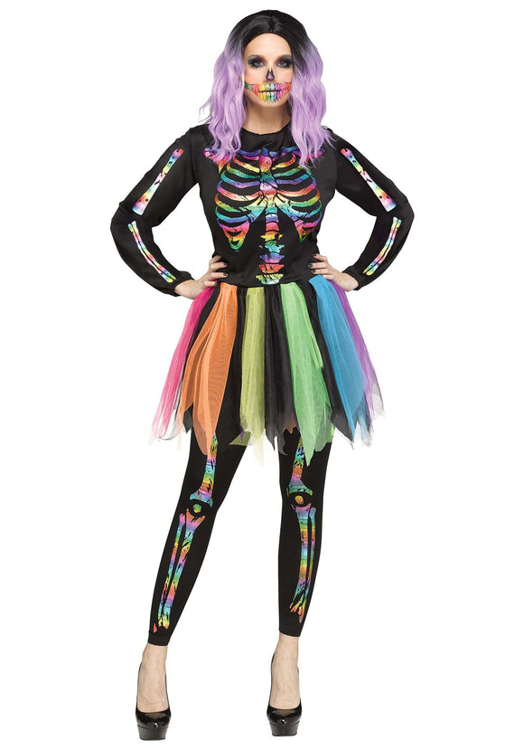 Rainbow Foil Skeleton Women's Costume