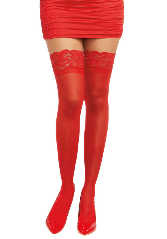 Red Anti-Slip Thigh High Stockings with Lace Top for Adults