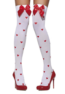 White with Red Bow and Hearts Womens Thigh Highs