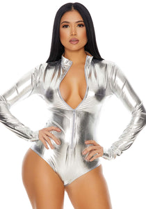 Zipfront Metallic Silver Women's Bodysuit