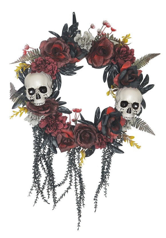Wreath w/ Skulls & Roses Decoration | Gothic Halloween Decor